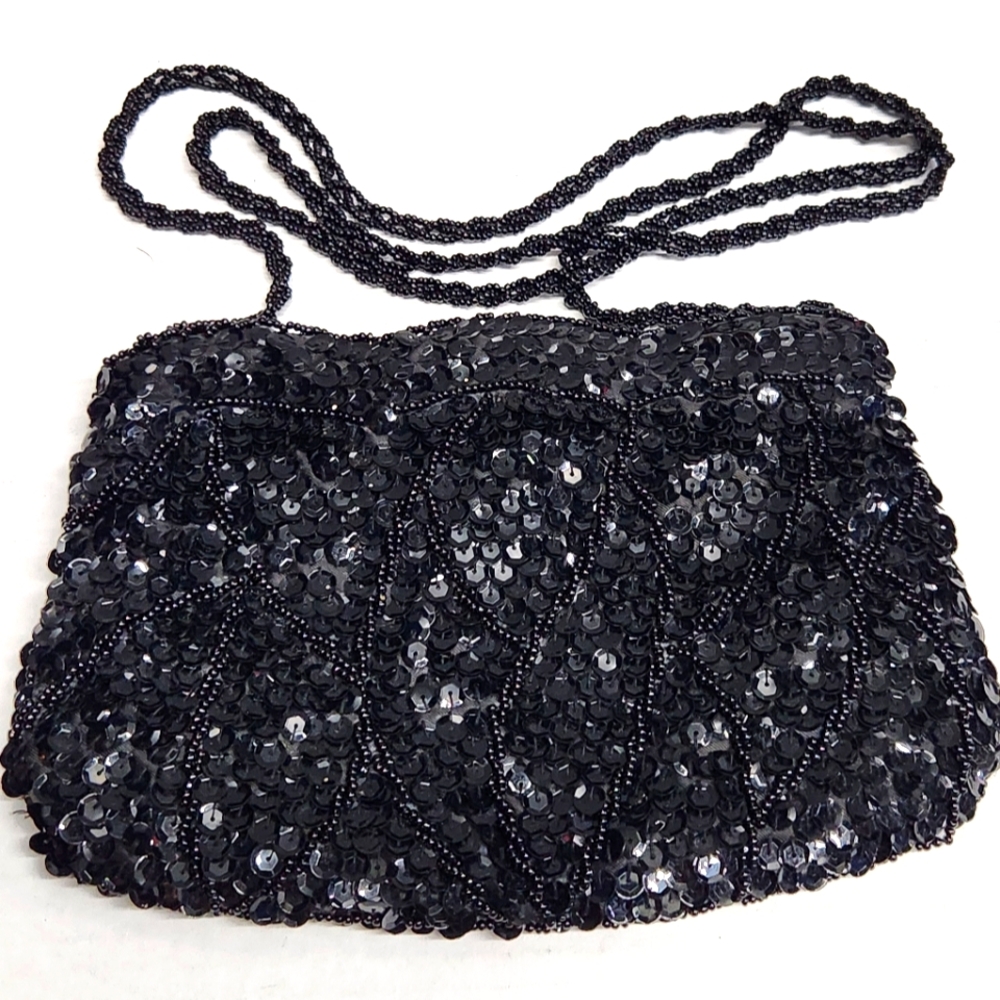 VTG EUC La Regale Black Beaded Sequined Purse Bag 80s Glam Evening